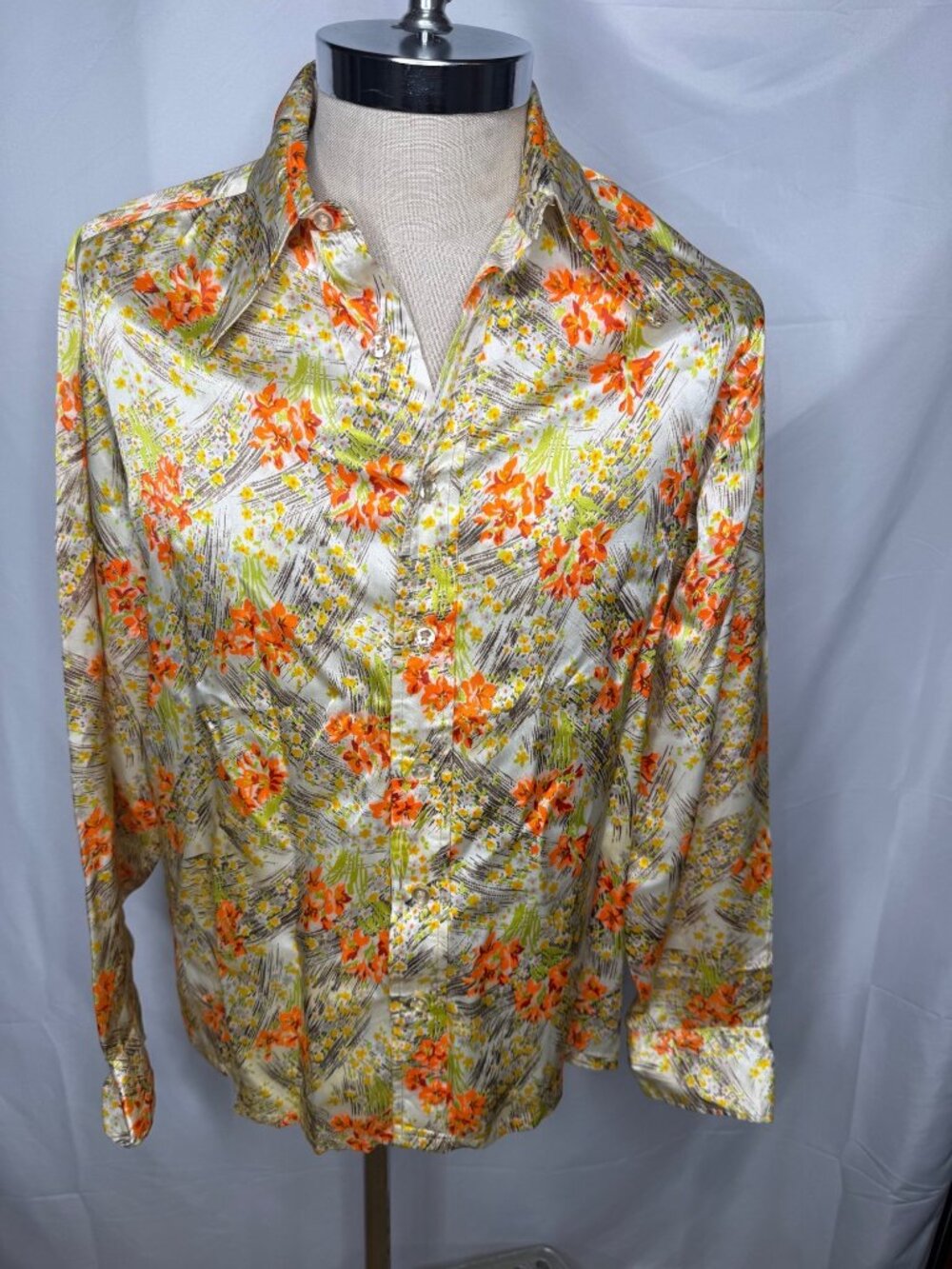 Vintage Moss Shirtmakers 70"s Disco Floral Satin Shirt Sz L  Wide Collar Long Sl